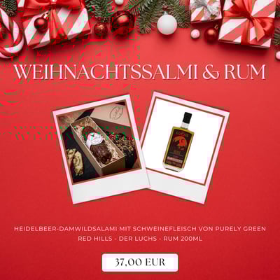 Weihnachtssalami & Rum Geschenkset (1x Damwild-Heidelbeersalami + 1x Red Hills Rum-Spirituose)