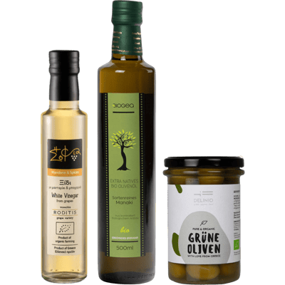 Weihnachts-Präsentkorb "Green Box" (1x Olivenöl + 1x Mandarinenessig + 1x Grüne Oliven)