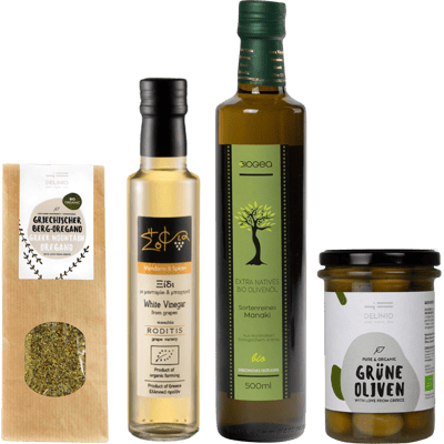 Weihnachts-Präsentkorb "Griechischer Salat" (1x Olivenöl + 1x Mandarinenessig + 1x Grüne Oliven + 1x Oregano)