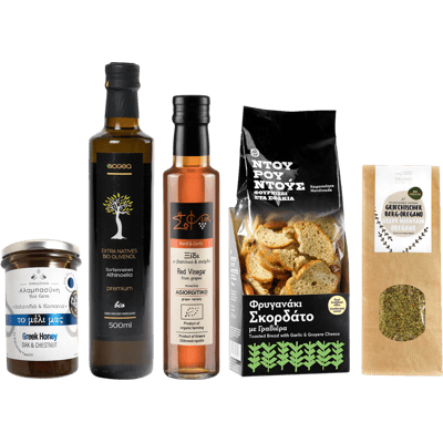 Weihnachts-Präsentbox Peloponnes (1x Olivenöl + 1x Rotweinessig + 1x Oregano + 1x Brotsnacks + 1x Honig)