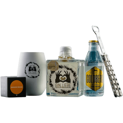 Gin Liebe Geschenkbox (1x Dry Gin + 1x Tonic Water + 1x Flaschenöffner + 1x Glytter Orange + 1x Glas)
