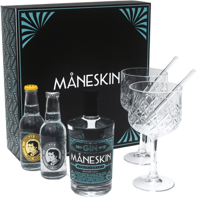 MÅNESKIN Gin Geschenkbox - Tasting Set (1x Dry Gin + 2x Tonic Water + 2x Kelchgläser + 2x Glas-Strohhalme)