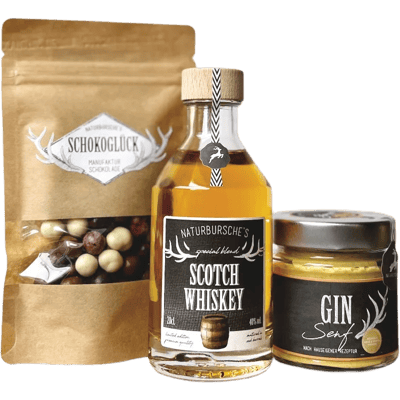 Naturbursche Whiskey Lover Box (1x Schokobeeren + 1x Scotch Whiskey + 1x Gin Senf)