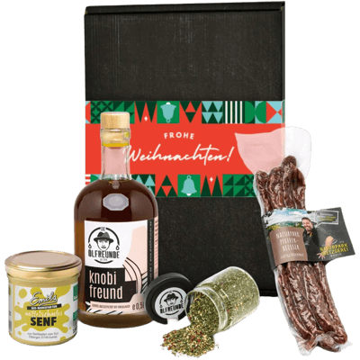 Weihnachtsbox Festtagsfreuden (1x Knoblauchöl + 1x Gewürzmischung + 1x Senf + 1x Pfefferbeisser)