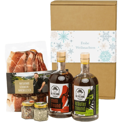 Weihnachtsbox Oh du Fröhliche (1x Knoblauchöl + 1x Chiliöl + 2x Salzmischung + 1x Räucherschinken)