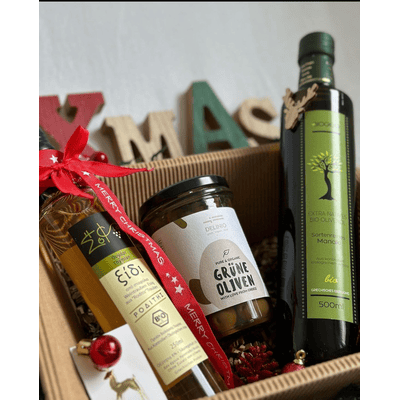 Weihnachts-Präsentkorb "Green Box" (1x Olivenöl + 1x Mandarinenessig + 1x Grüne Oliven)