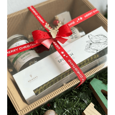 Weihnachts-Präsentbox Peloponnes (1x Olivenöl + 1x Rotweinessig + 1x Oregano + 1x Brotsnacks + 1x Honig)
